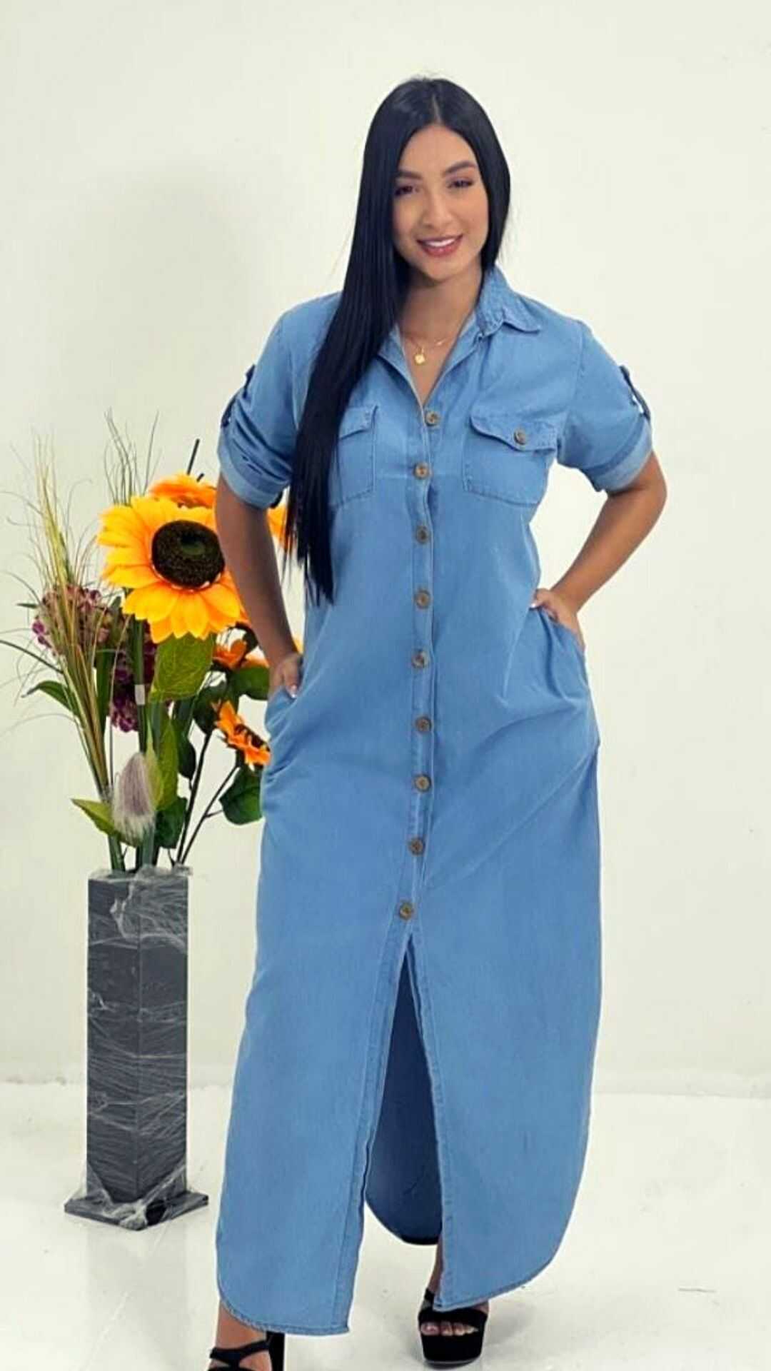 Vestido Largo en ALGODÓN SUAVE- Bolsillos laterales y en pechera - Ref 1049
