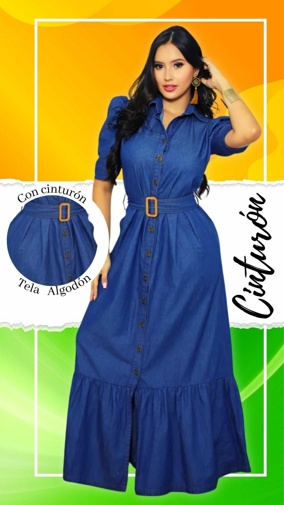 Vestido Largo en ALGODÓN SUAVE- Cinturón y Botonera - Ref 1058